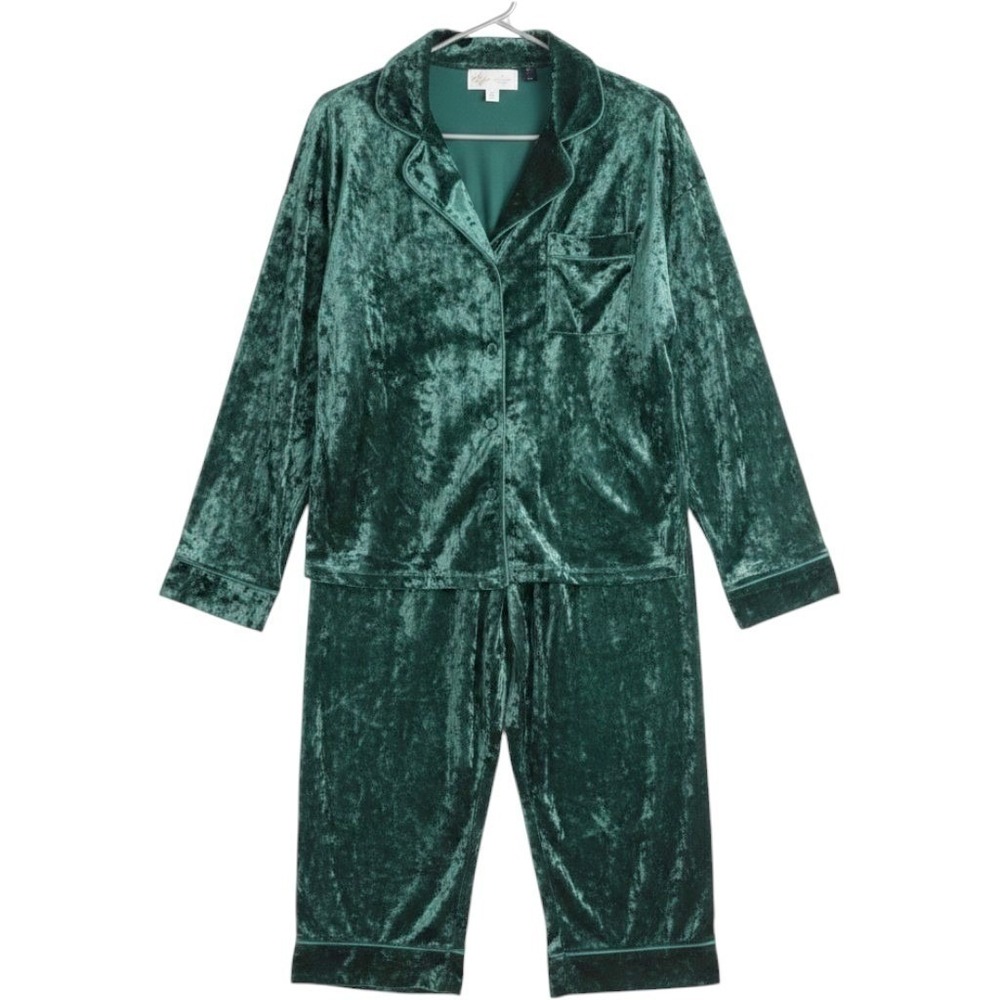 Lord & Taylor Womens Large Green Crushed Velvet Pajama Set Button Soft Sleepwear